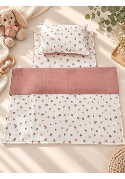Sallhome Baby Gül Kurusu Çiçek Desenli Müslin 3'lü Bebek Alt Açma Seti Minder - Battaniye ve Yastık