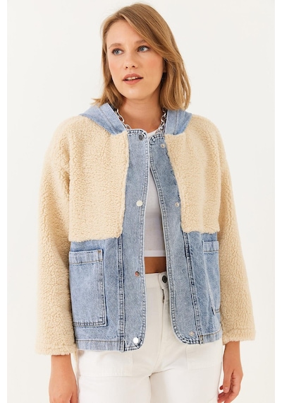 Shade Kadın Kapüşonlu Denim Detaylı Peluş Ceket 60251807 - Bej