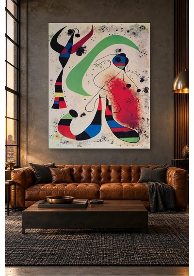 Fida Miro Yeşil Hilal Ve Kırmızı Lekeli Gece Canvas Tablo Çok Renkli