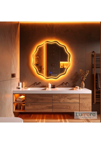 Envara Amber Led'li Lazer Kumlamalı Lavabo & Banyo Aynası Dokunmatik Sensörlü 70 X 70 Turuncu