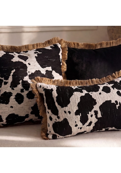 "saddle Cow" Desenli Püsküllü Kırlent Kılıfı Seti Siyah - Beyaz