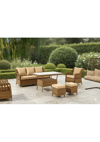 Lüks Sentetik Rattan Bahçe Oturma Grubu - 180 Cm Üçlü Koltuk + 2 Tekli + Masa - Paslanmaz Galvaniz İskelet Kahverengi - Krem Lüks Sentetik Rattan Bahçe Oturma Grubu - 180 Cm Üçlü Koltuk + 2 Tekli + Masa - Paslanmaz Galvaniz İskelet Kahverengi - Krem