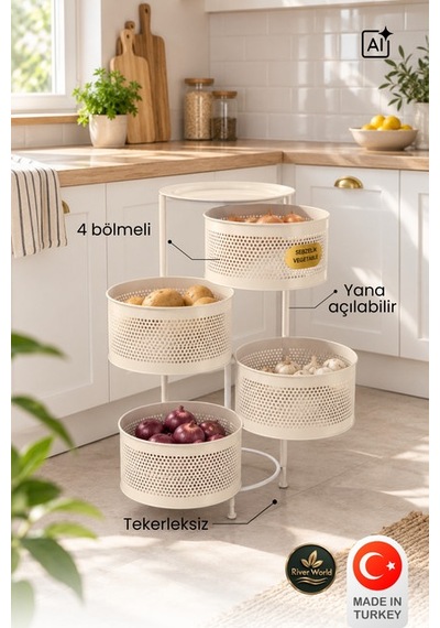 River World Tekerleksiz Rengi Krem Açılabilen 4 Katlı Çok Amaçlı Metal Raf Mutfak, Balkon, Kiler Çok Renkli