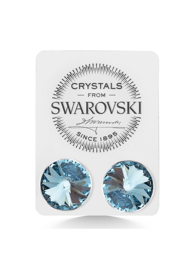 Union Swarovski Crystal Kadın Aquamarine Taşlı 12mm Çivili Gümüş