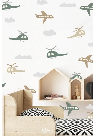 Minik Uçaklar Ve Helikopterler Soft Renklerde Çocuk Bebek Odası Sticker Seti
