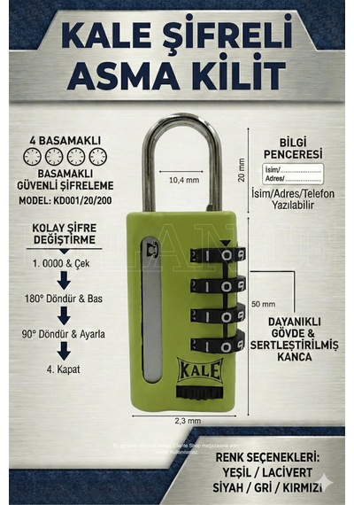 Kale Kilit 4 Basamaklı Şifreli Asma Kilit - Yeşil Bilgi Pencereli