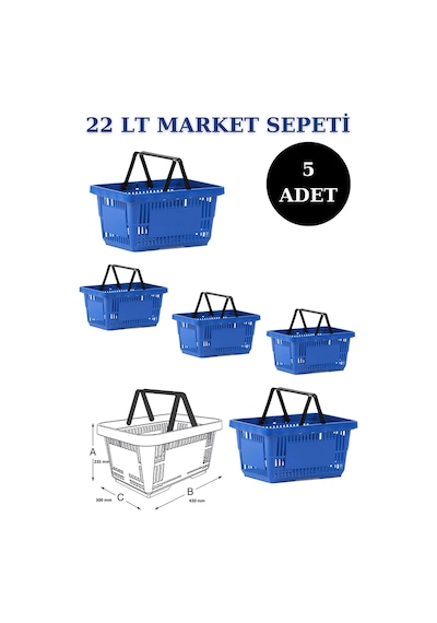 5 adet 22Litre Market ve Alışveriş Sepeti, Saplı Market Sepeti M