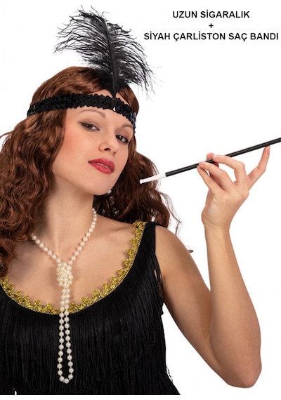 1920& 39 Ler Gatsby Aksesuar Seti Siyah Charleston Saç Bandı & Sigaralık Çok Renkli