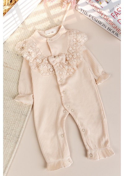 Babymod Güpürlü Fiyonklu 100% Pamuk Kız Bebek Tulum Bej