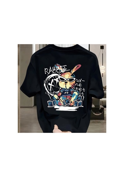 Caddemia Yaz  Moda Rahat Gevşek Siyah Tavşan Karikatür Desen Baskılı Yuvarlak Bo Siyah 2XL