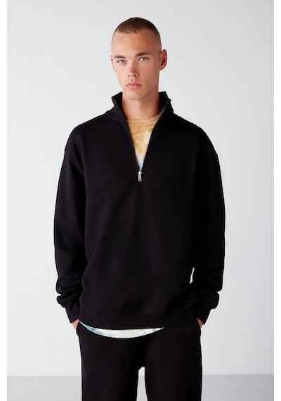 Grımelange Frame Erkek Yarım Fermuarlı Dik Yakalı Yumuşacık Kumaşlı Polarlı Regular Siyah Sweatshirt