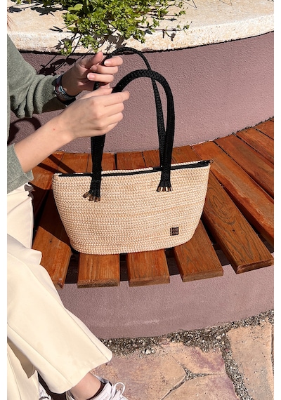 Kaan Home Krem Siyah Hasır Görünümlü Kumaş Astarlı Plaj Havuz Günlük Çantası Çok Amaçlı Yıkanabilir Çanta Krem