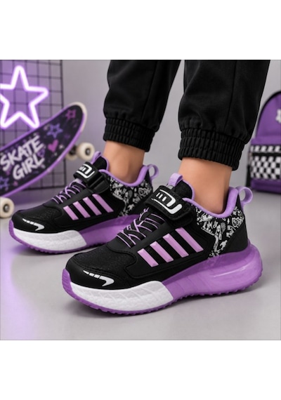 Black Flex Grafiti Çocuk Sneaker Ayakkabı Siyah Lila 31-35 2651 Sıyah