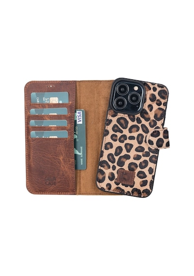 Apple Uyumlu iPhone 13 Pro Deri Cüzdanlı Kılıf Leopar Desen