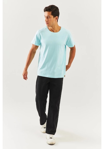 Erkek Oversize Rahat %100 Pamuklu Penye Bisiklet Yaka Kısa Kol Basic T-shirt Buz Mavisi