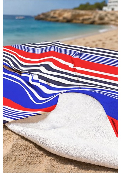 Çizgili Marine Çift Taraflı Plaj Havlusu - Modern Lacivert Kırmızı Hızlı Kuruyan Mikrofiber Havlu Çok Renkli