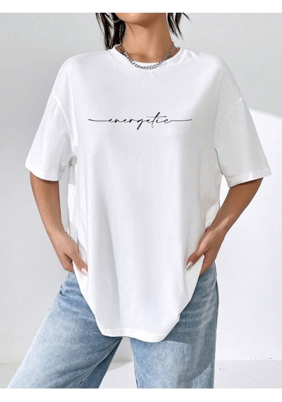 Uyguntarz Unisex Energetic Baskılı Tasarım Tshirt Beyaz