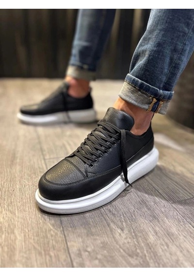 Mevese Meverk Cilt Erkek Sneaker Ayakkabı Kalın Taban Günlük Siyah