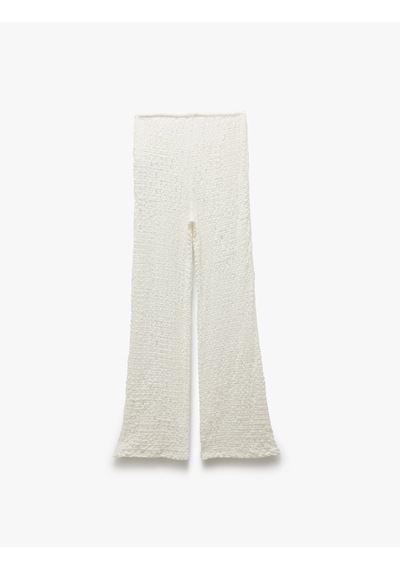 Koton Beli Bağlamalı Dokulu Bol Düz Paça Pantolon Ekru 5sak40001ek