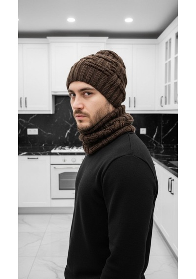 Gönülden Tasarım El Örgüsü Yumuşak Yün Erkek Bere Boyunluk Takım Unisex Kahverengi