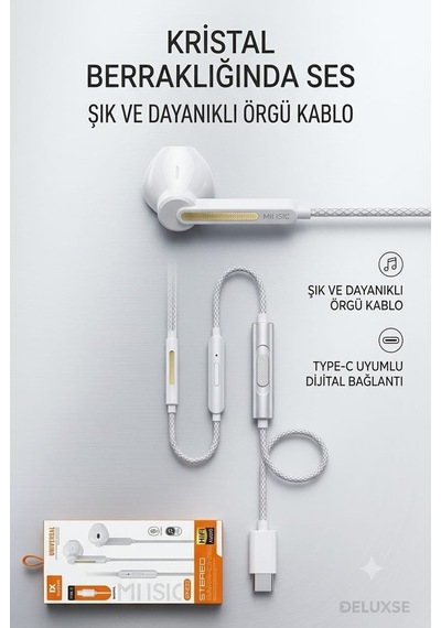 C22 Type C Kablolu Mikrofonlu Kulkalık Beyaz, Kulak İçi