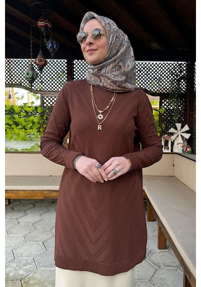 Rabia Şamlı Damla Triko Tunik Kahve Çok Renkli