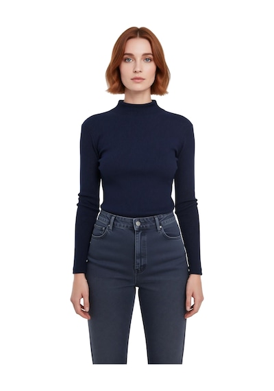 Ersefa Moda Dik Yaka Örme Slim Düz Desen Casual Günlük Regular Uzun Kol Lacivert