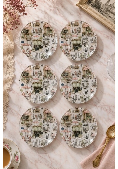 6 Lı Cam Çay Tabağı - Paris Cafe Desenli 12 Cm - 6 Adet Çay Tabak Krem