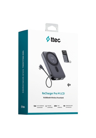 Ttec Recharger Pro M Lcd 10.000mah Qi2/magsafe Özellikli 15w Apple iPhone Uyumlu /android, Usb-c Pd 35w Çıkışlı, Dahili Kablolu, Stantlı, Kablosuz Taşınabilir Hızlı Uzay Grisi