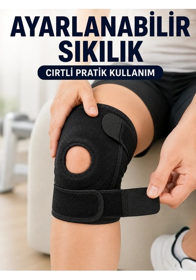 Açık Patella Dizlik Diz Kapağı Destekli Ayarlanabilir Cırtlı Sporcu Dizliği Siyah