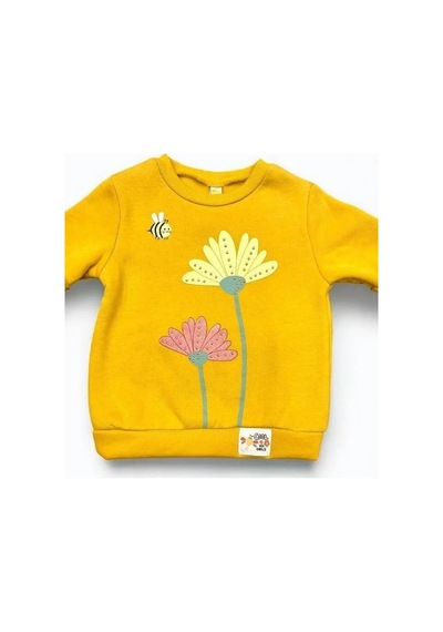 Kız Çocuk Kolları Fırfırlı İçi Şardonlu Çiçek Baskılı Sweatshirt-14348 HARDAL