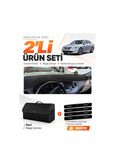 Hyundai Genesis 2008-2014 Uyumlu Torpido Örtüsü + Deri Bagaj Çantası + Sticker Seti - Siyah