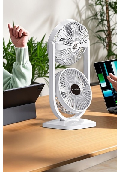 Torima F-22 Beyaz Mini Fan Taşınabilir Çift Başlıklı Sessiz Vantilatör Type-c Girişli, 3 Kademeli Hız Ayarı