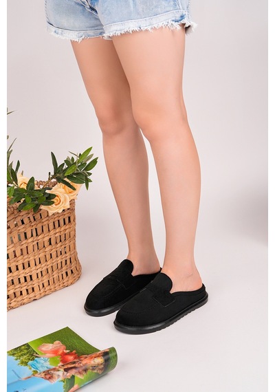 Muggo Vintage Süet Deri Günlük Rahat Önü Kapalı Kadın Loafer Terlik Siyah