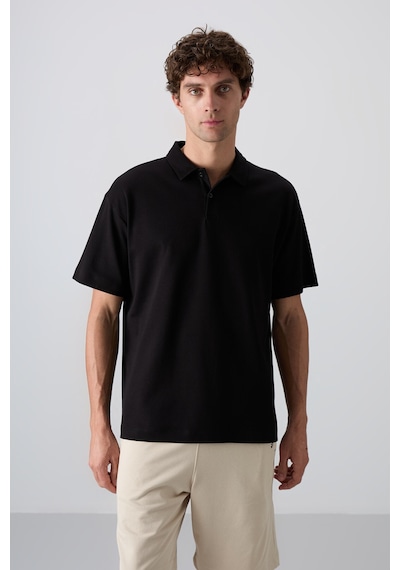Tommy Life Siyah Pamuklu Kalın Yumuşak Dokulu Oversize Fit Basic Polo Yaka Erkek T-shirt - 88327 001