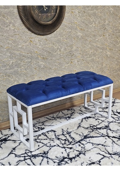 Zafir Beyaz Boyalı İçi Kareli Diktörtgen 100 Cm X 40 Cm Oturak Puf - Bench - Makyaj Oturağı - Oturak Mavi
