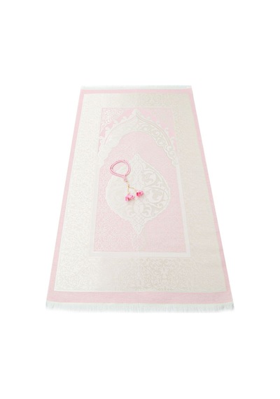 Hediyelik İpek Nur Tafta Seccade Pembe & Güllü İnci Tesbih 8 Mm Pembe Çok Renkli