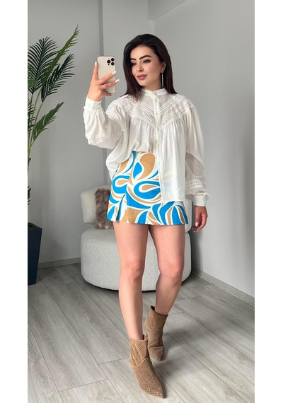 Desenli Önden Yırtmaçlı Şort Etek Çok Renkli