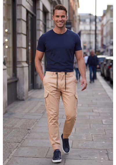 Rizzup Erkek Slim Fit Likralı Vizon Kargo Jogger Pantolon İpli Bel Lastikli Paça 1601569