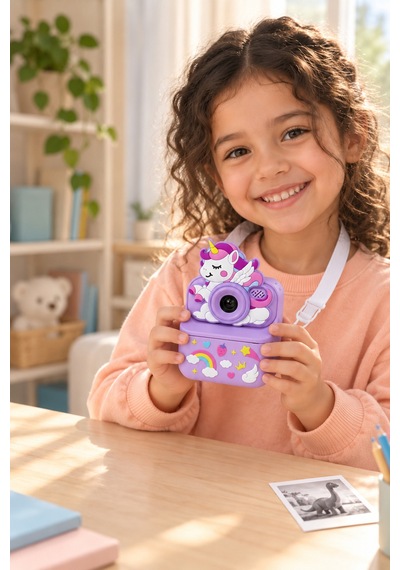 Kj/zm-004 Zoomy-u Unicorn Figürlü Anında Baskılı Çocuk Fotoğraf Makinesi, Çift Kamera, 2,4 İnç Ekran, 1080p Video, 3+ Yaş Mor