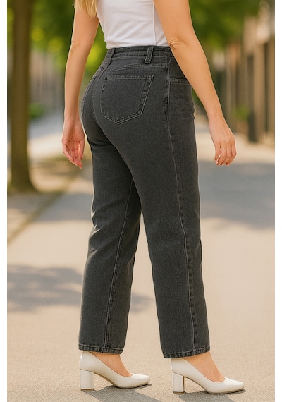 Cedy Denim Cedy Denım - Kadın Büyük Benden Boru Paça Yüksek Bel Regular Fit Likralı Pantolon C626 Gri