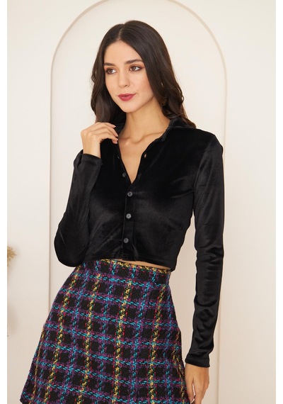 Darlin Moda Kadın Siyah Kadife Uzun Kollu Crop Gömlek Dm9003 Siyah