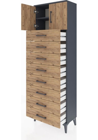 Arges Dolap 2 Raflı 8 Çekmeceli 2 Kapaklı 60x30x182 Antrasit-çam Antrasit