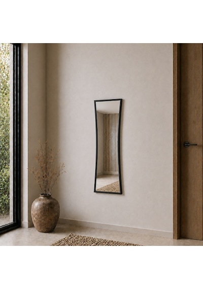 Modern Çerçeveli Boy Aynası 40x120 Cm Kavisli Minimalist Dekoratif Duvar Aynası Siyah