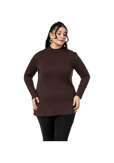 Disentis Büyük Beden Yarım Balıkçı Uzun Kollu Viskon Kahverengi Body Kahverengi