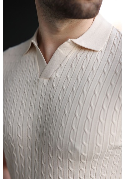 Madmext Taş Rengi Slim Fit Polo Yaka Triko Erkek Tişört E7472 Taş Rengi