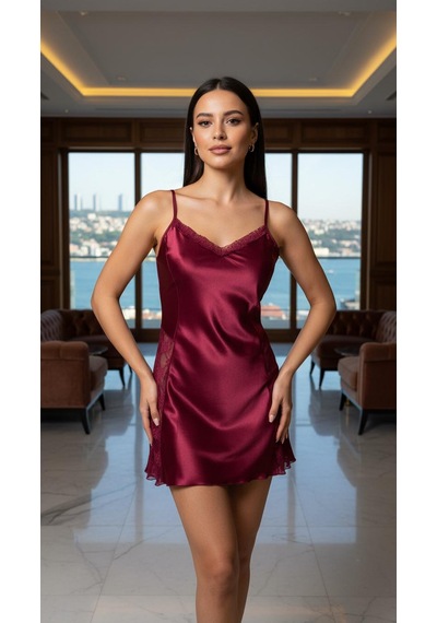 Night Light Kadın Saten Kısa Bordo Şık Gecelik Bordo