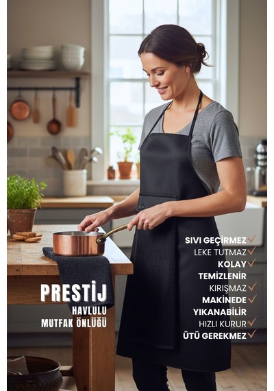 Prestij Sıvı Geçirmez Su Geçirmez Mutfak Önlüğü Siyah