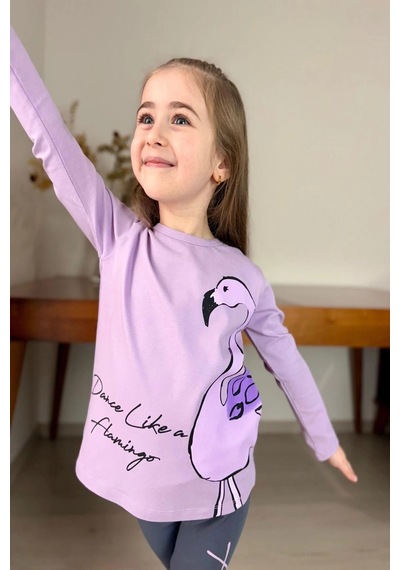 Koçak Kids Flamingo Desenli Lila Renk Kız Çocuk Mevsimlik Taytlı Takım Lila