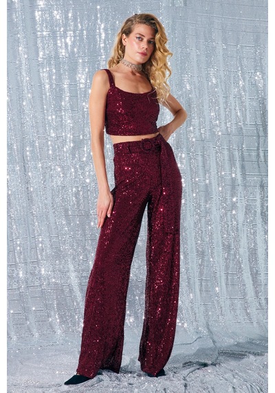 Sateen Kemerli Payet Pantolon - Bordo